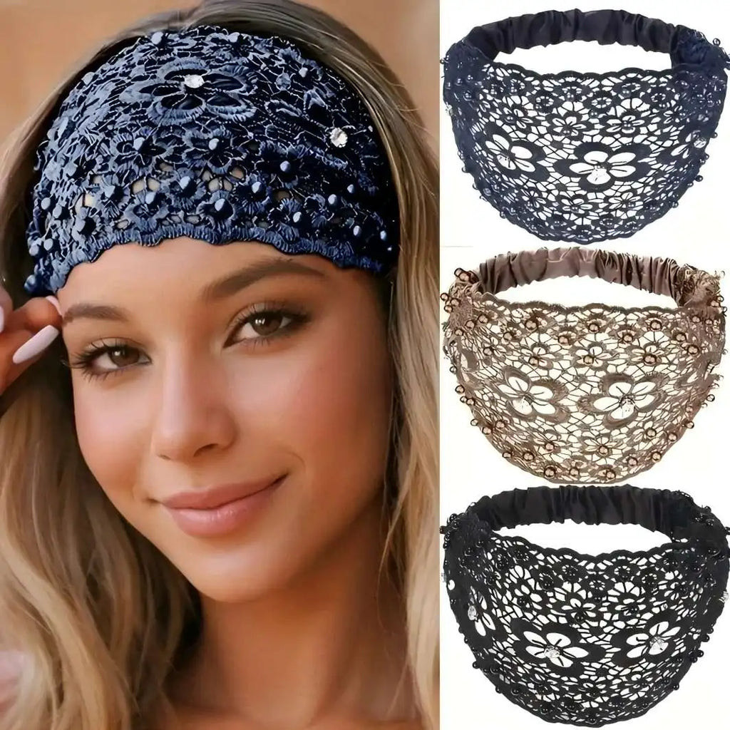 Women's Floral Headband Trio Set - Hollow-Out Design with Beaded Details, Wide Comfortable Hair Bands