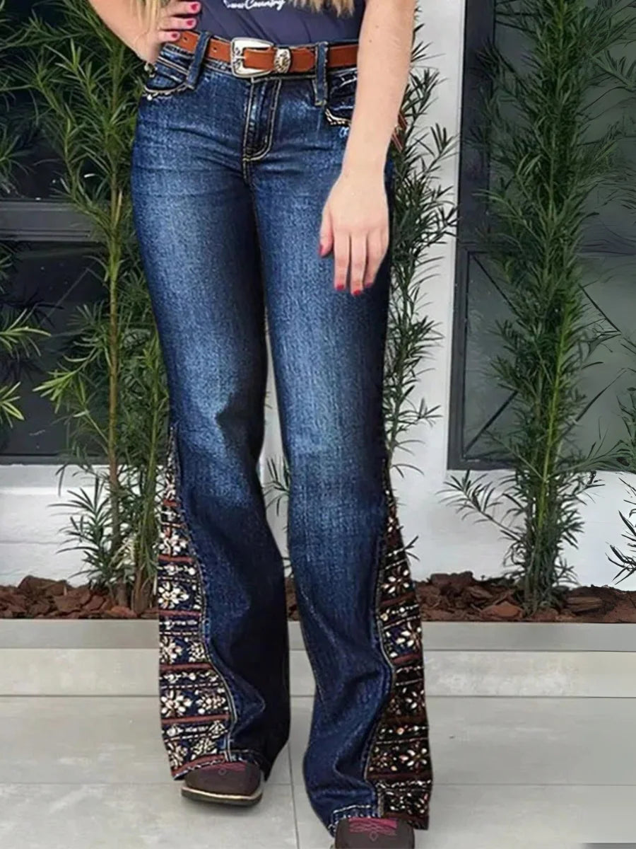 Women’s High Rise Flare Jeans: Med- Wash Stretch Denim with Beaded Embroidery – Vintage Boho Western Cowboy Style