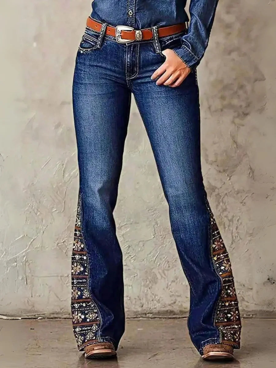 Women’s High Rise Flare Jeans: Med- Wash Stretch Denim with Beaded Embroidery – Vintage Boho Western Cowboy Style