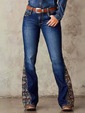 Women’s High Rise Flare Jeans: Med- Wash Stretch Denim with Beaded Embroidery – Vintage Boho Western Cowboy Style
