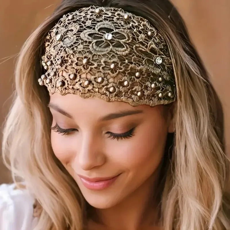 Women's Floral Headband Trio Set - Hollow-Out Design with Beaded Details, Wide Comfortable Hair Bands