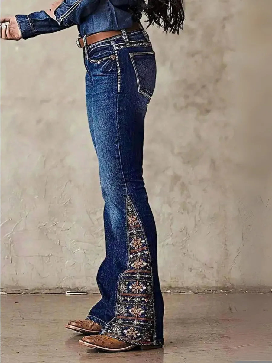 Women’s High Rise Flare Jeans: Med- Wash Stretch Denim with Beaded Embroidery – Vintage Boho Western Cowboy Style