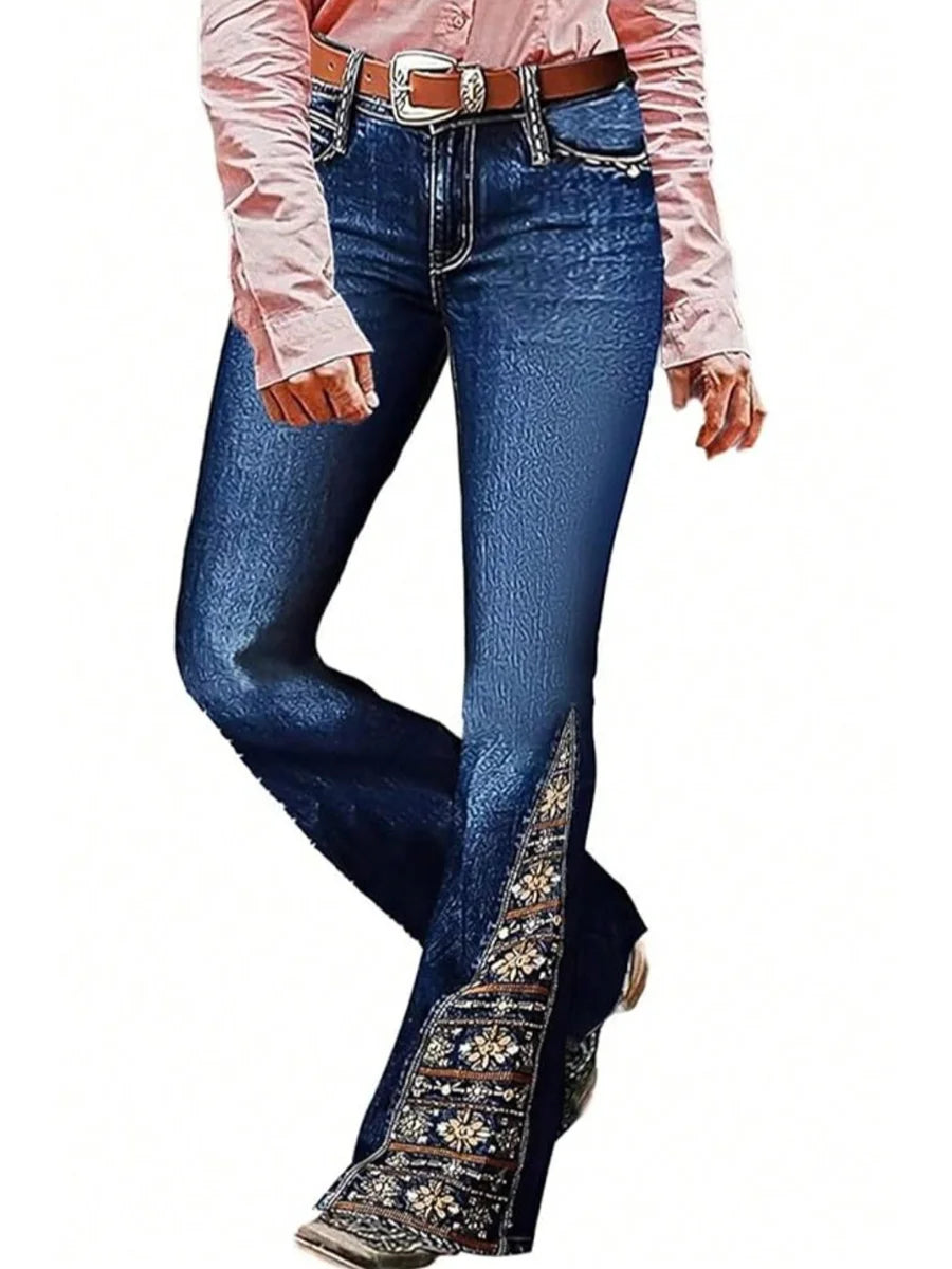 Women’s High Rise Flare Jeans: Med- Wash Stretch Denim with Beaded Embroidery – Vintage Boho Western Cowboy Style
