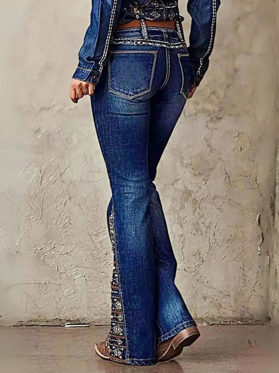 Women’s High Rise Flare Jeans: Med- Wash Stretch Denim with Beaded Embroidery – Vintage Boho Western Cowboy Style