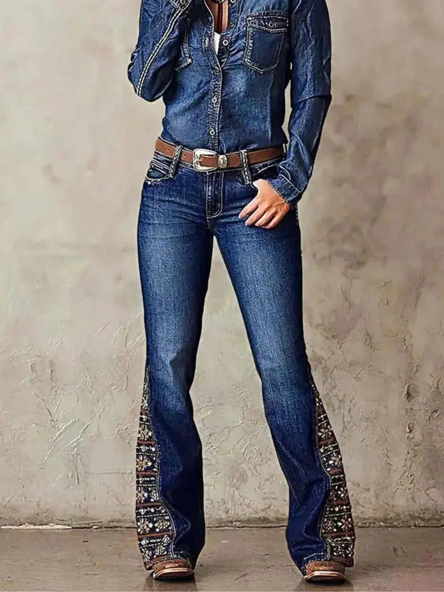 Women’s High Rise Flare Jeans: Med- Wash Stretch Denim with Beaded Embroidery – Vintage Boho Western Cowboy Style