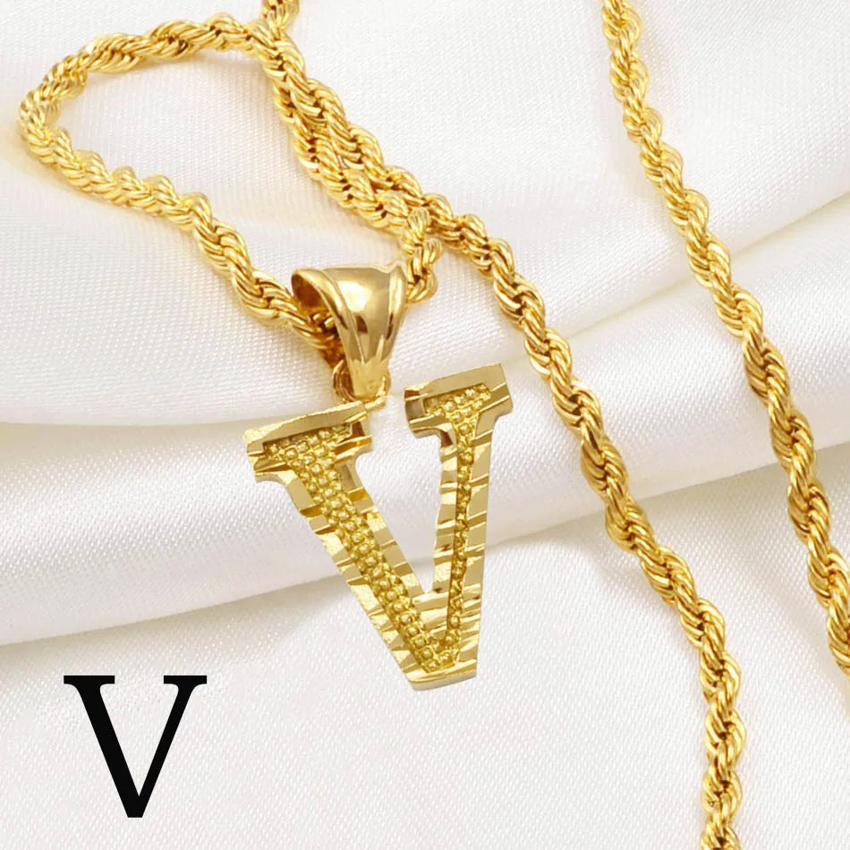 Gold Plated Anniyo A-Z Letters Necklace with Rope Chain for Men and Women