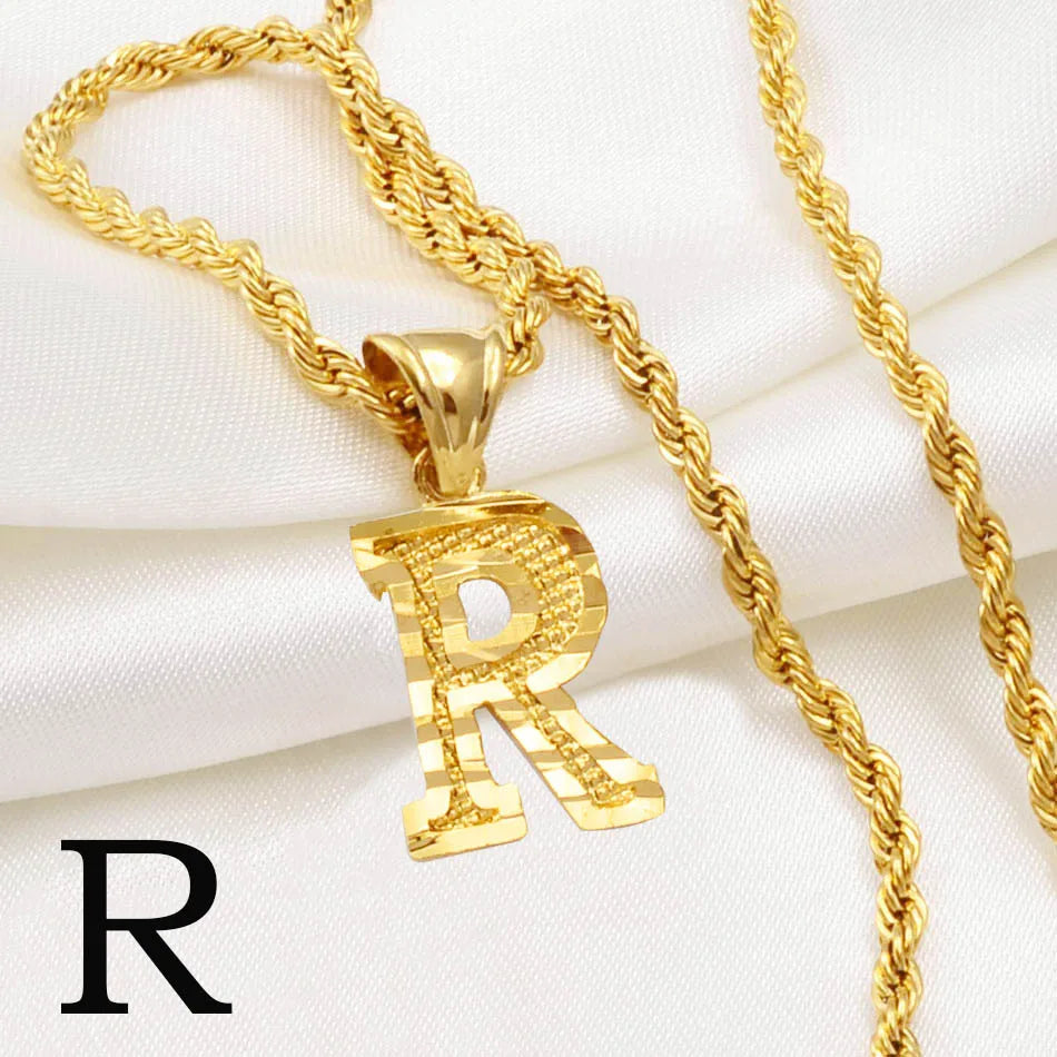 Gold Plated Anniyo A-Z Letters Necklace with Rope Chain for Men and Women