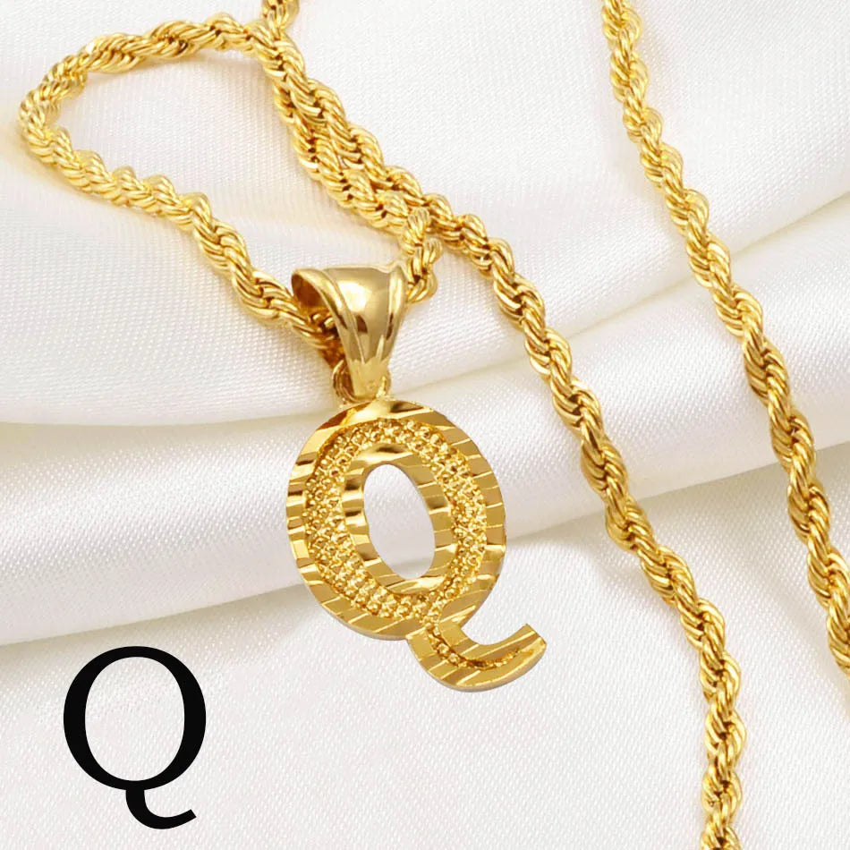 Gold Plated Anniyo A-Z Letters Necklace with Rope Chain for Men and Women