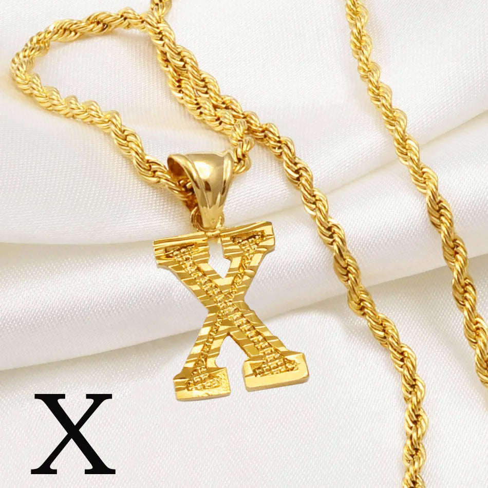 Gold Plated Anniyo A-Z Letters Necklace with Rope Chain for Men and Women