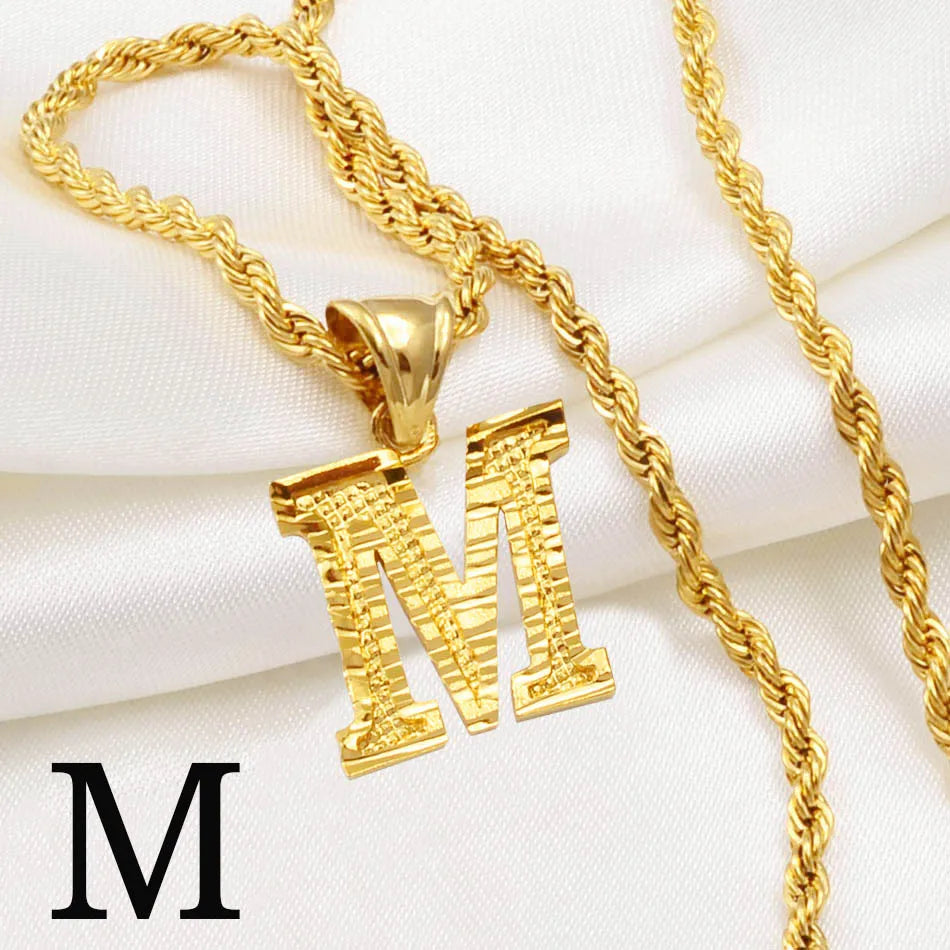 Gold Plated Anniyo A-Z Letters Necklace with Rope Chain for Men and Women
