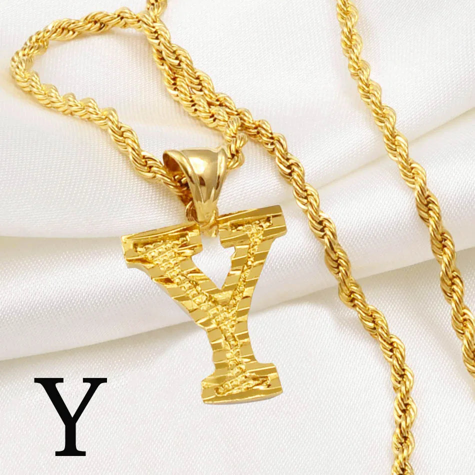 Gold Plated Anniyo A-Z Letters Necklace with Rope Chain for Men and Women