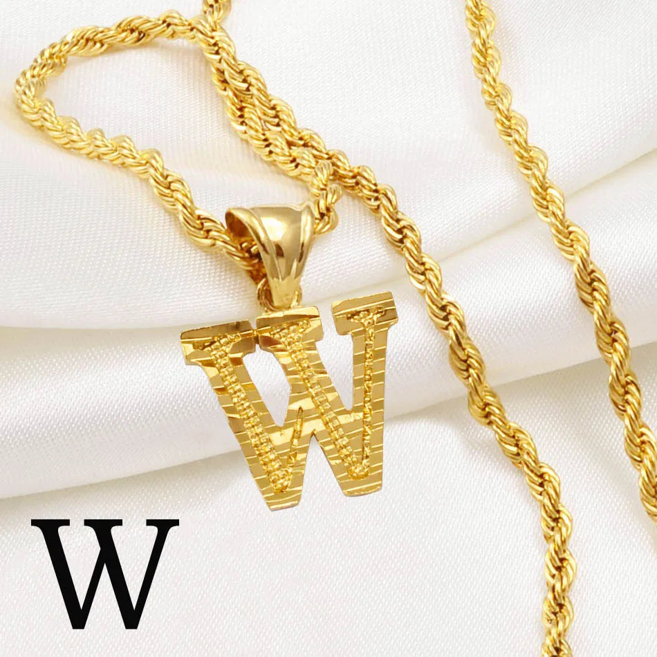 Gold Plated Anniyo A-Z Letters Necklace with Rope Chain for Men and Women