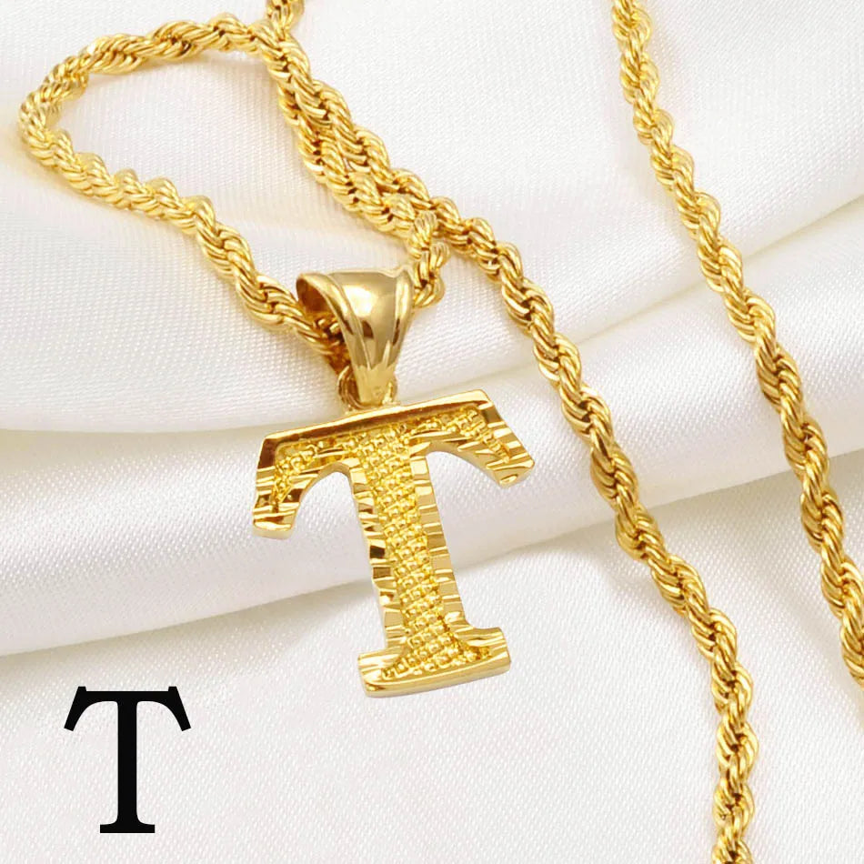 Gold Plated Anniyo A-Z Letters Necklace with Rope Chain for Men and Women