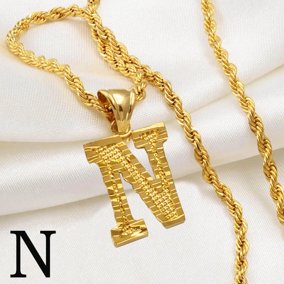 Gold Plated Anniyo A-Z Letters Necklace with Rope Chain for Men and Women