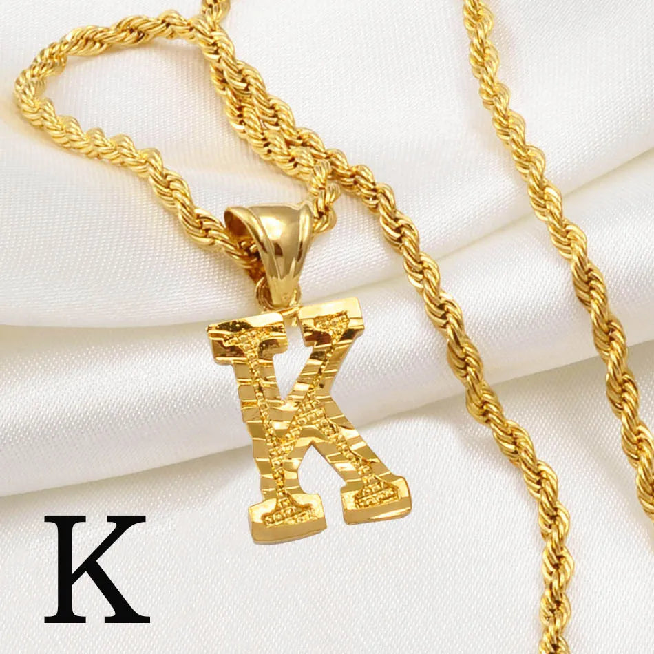 Gold Plated Anniyo A-Z Letters Necklace with Rope Chain for Men and Women