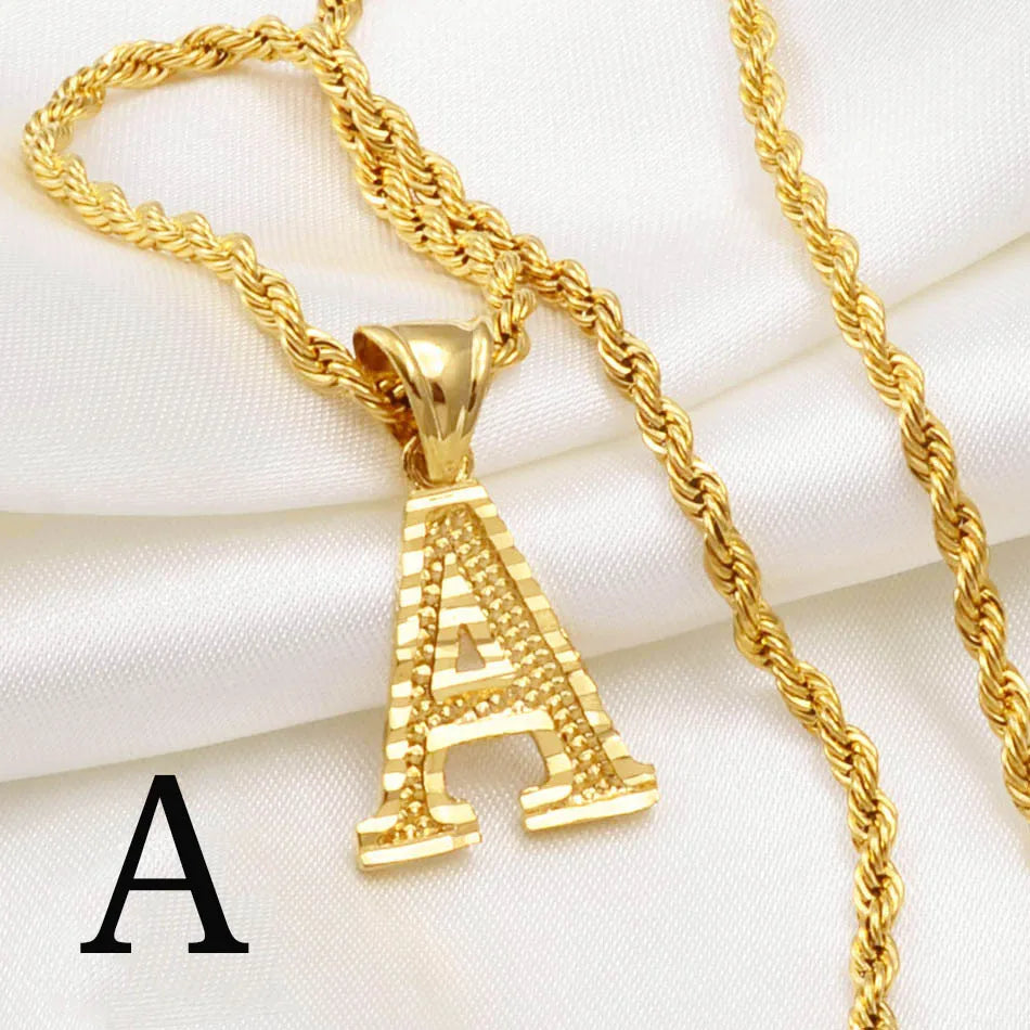 Gold Plated Anniyo A-Z Letters Necklace with Rope Chain for Men and Women