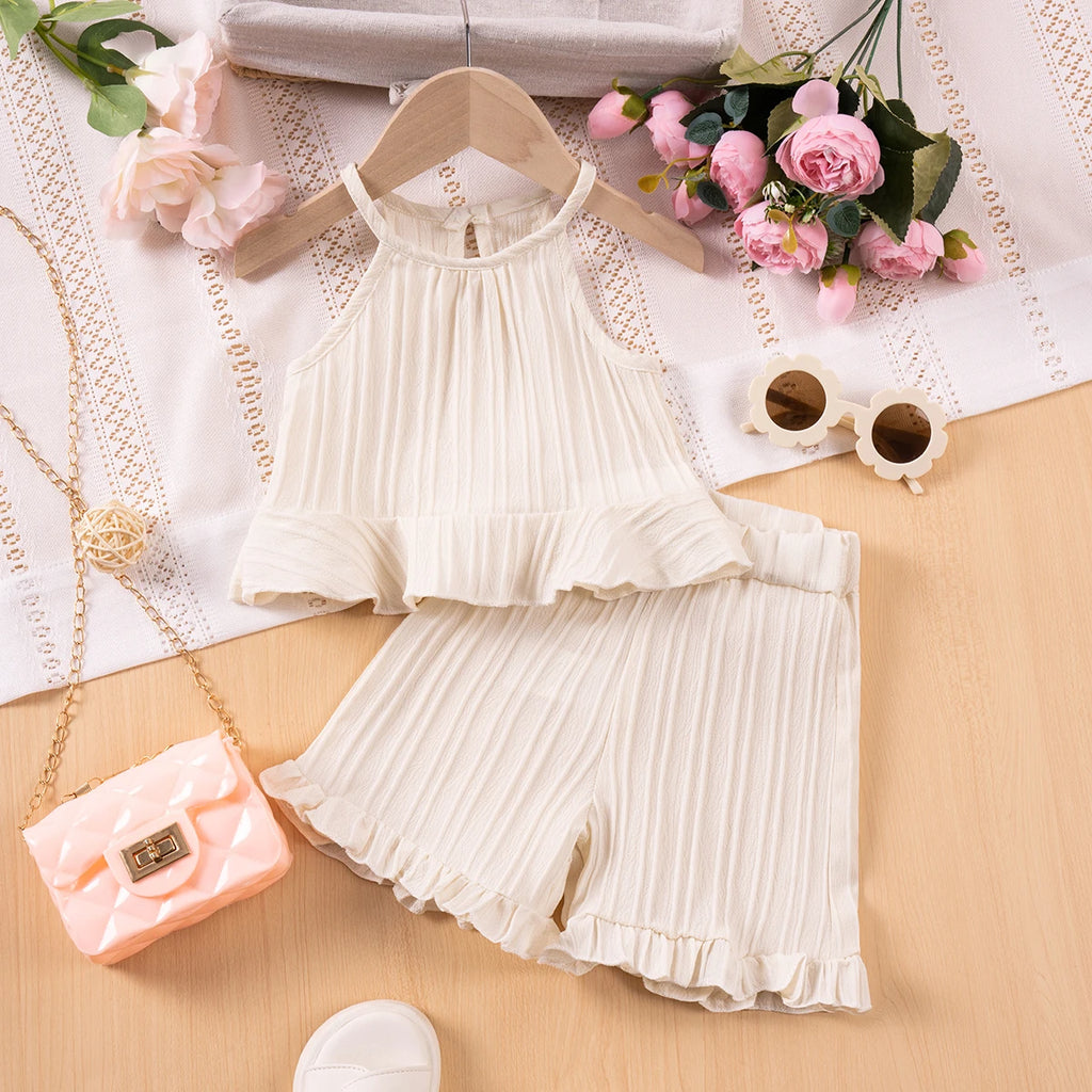 2025 New Girls' Summer Fashion Sets, Sleeveless Ruffle Tank Top & Shorts