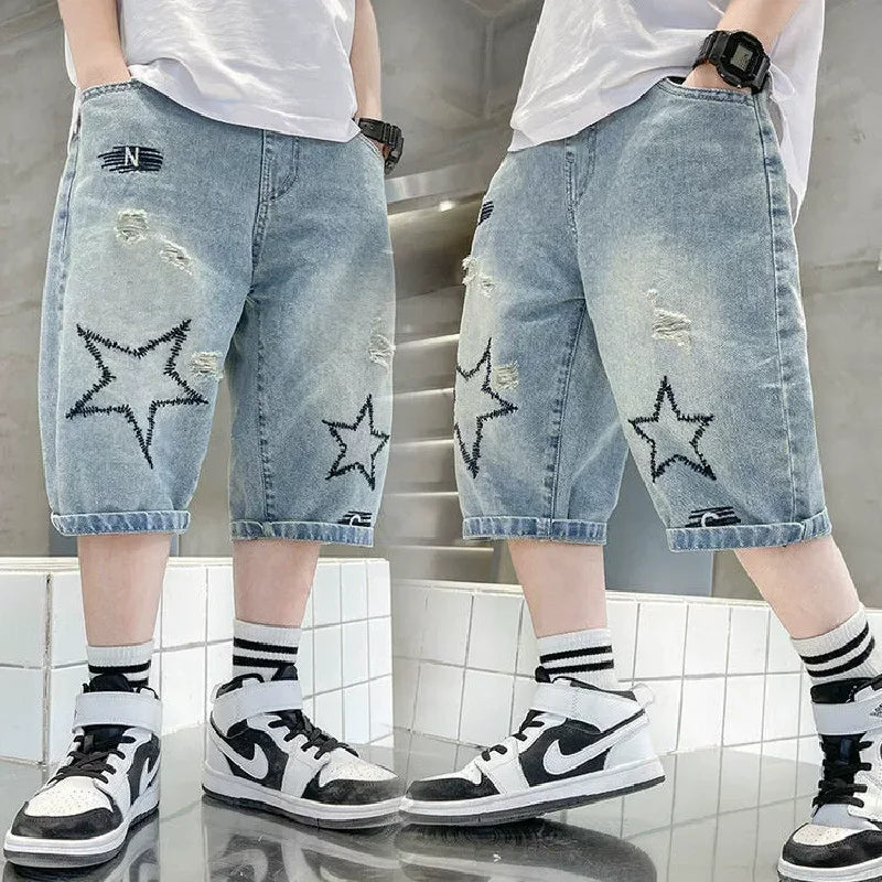 Boys Straight Denim Shorts Wide-leg Knee Length 5-14 Year