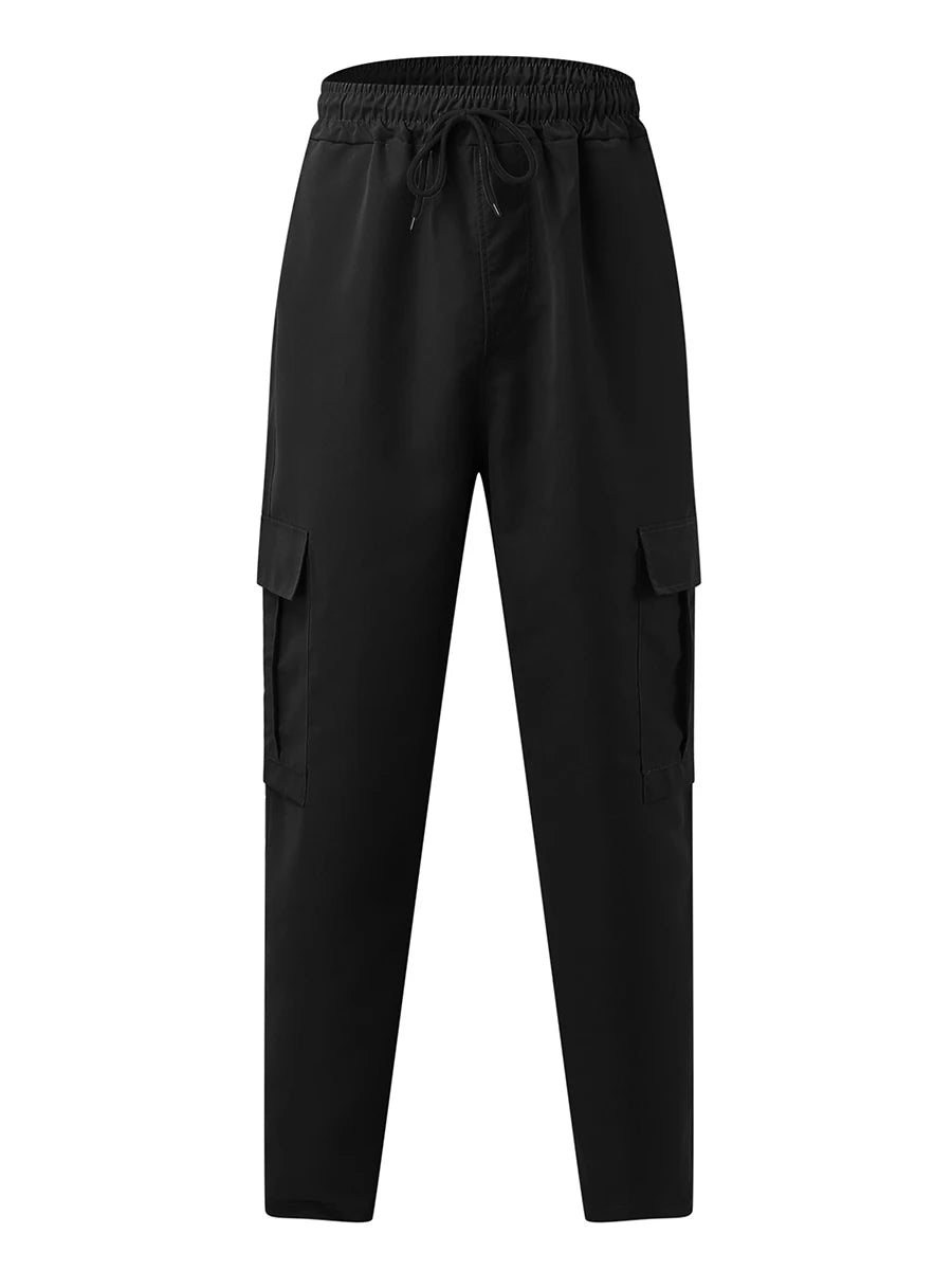 Men s Loose Cargo Long Pants Solid Color Drawstring Waist Straight Leg with Pockets