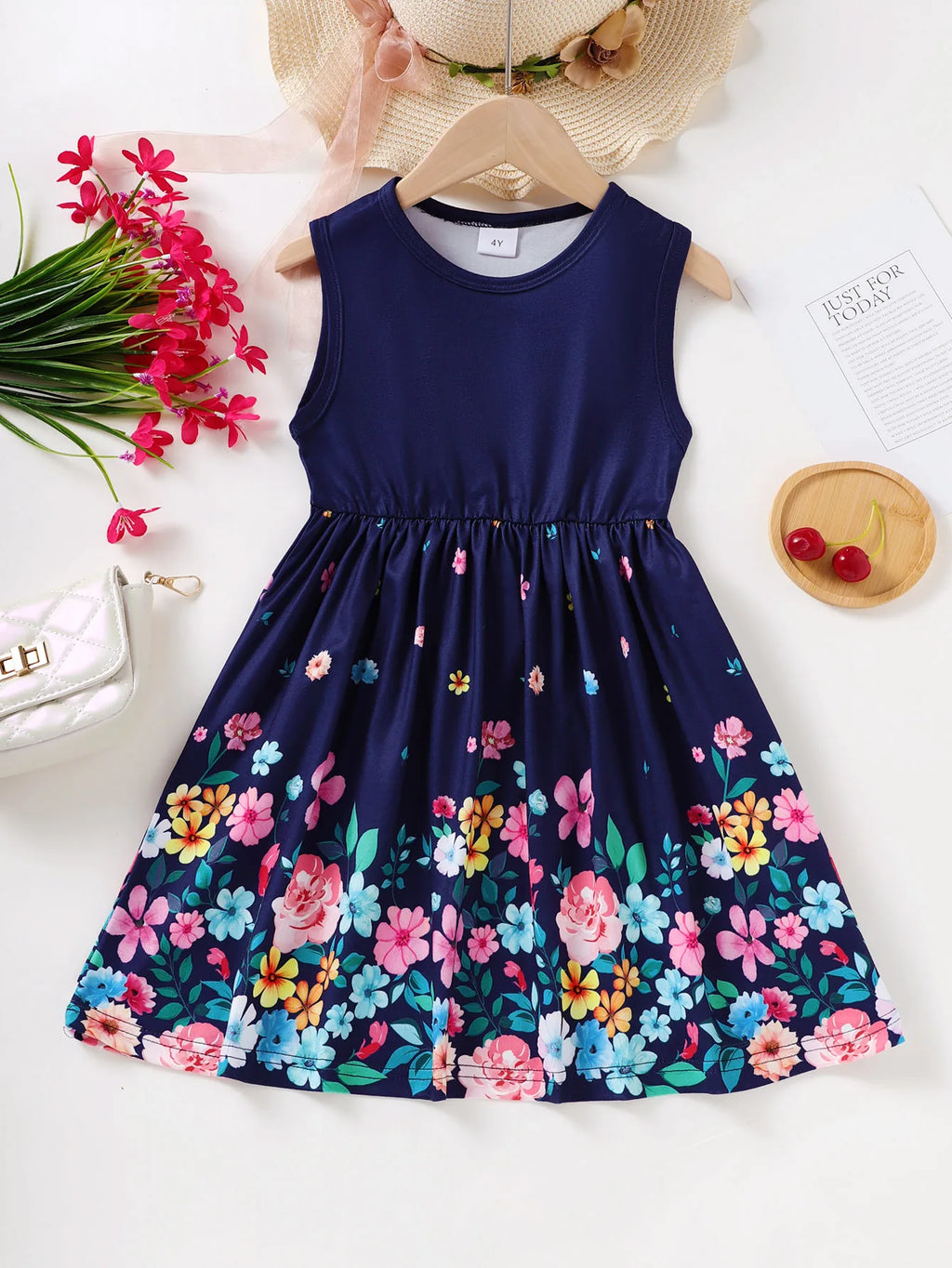 Girl's New Sling Dress Flower Print Dresses, Comfortable, 4-7 Years