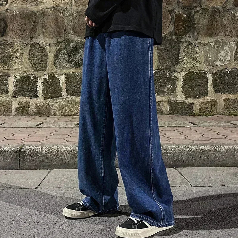 Men's 2026 New Streetwear Loose Jeans, Wide Leg Pants, Black and Light Blue