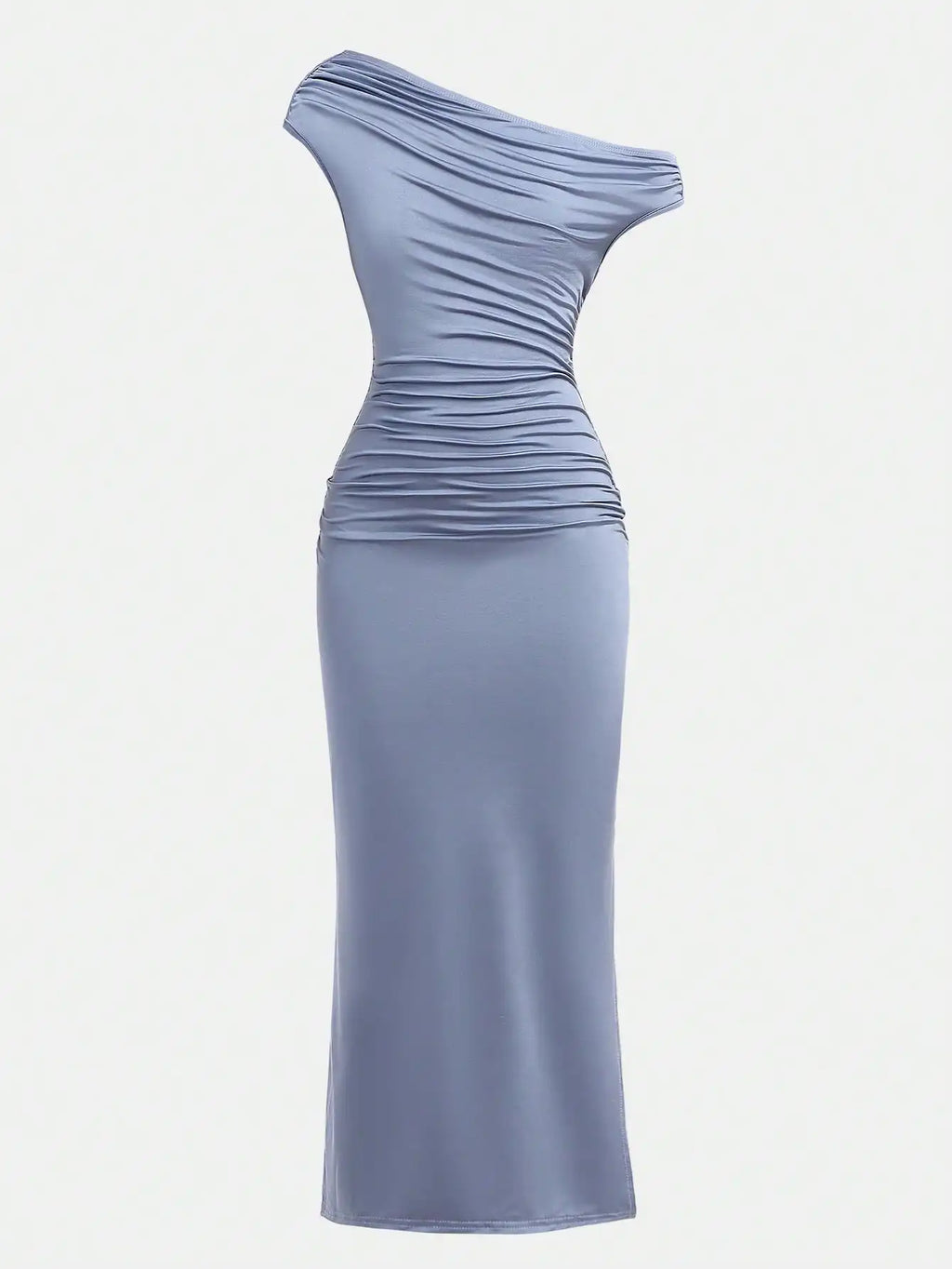 Girls Asymmetrical Neck, Ruched Waist, Tightfitting Maxi Knit Dress in Dusty Blue