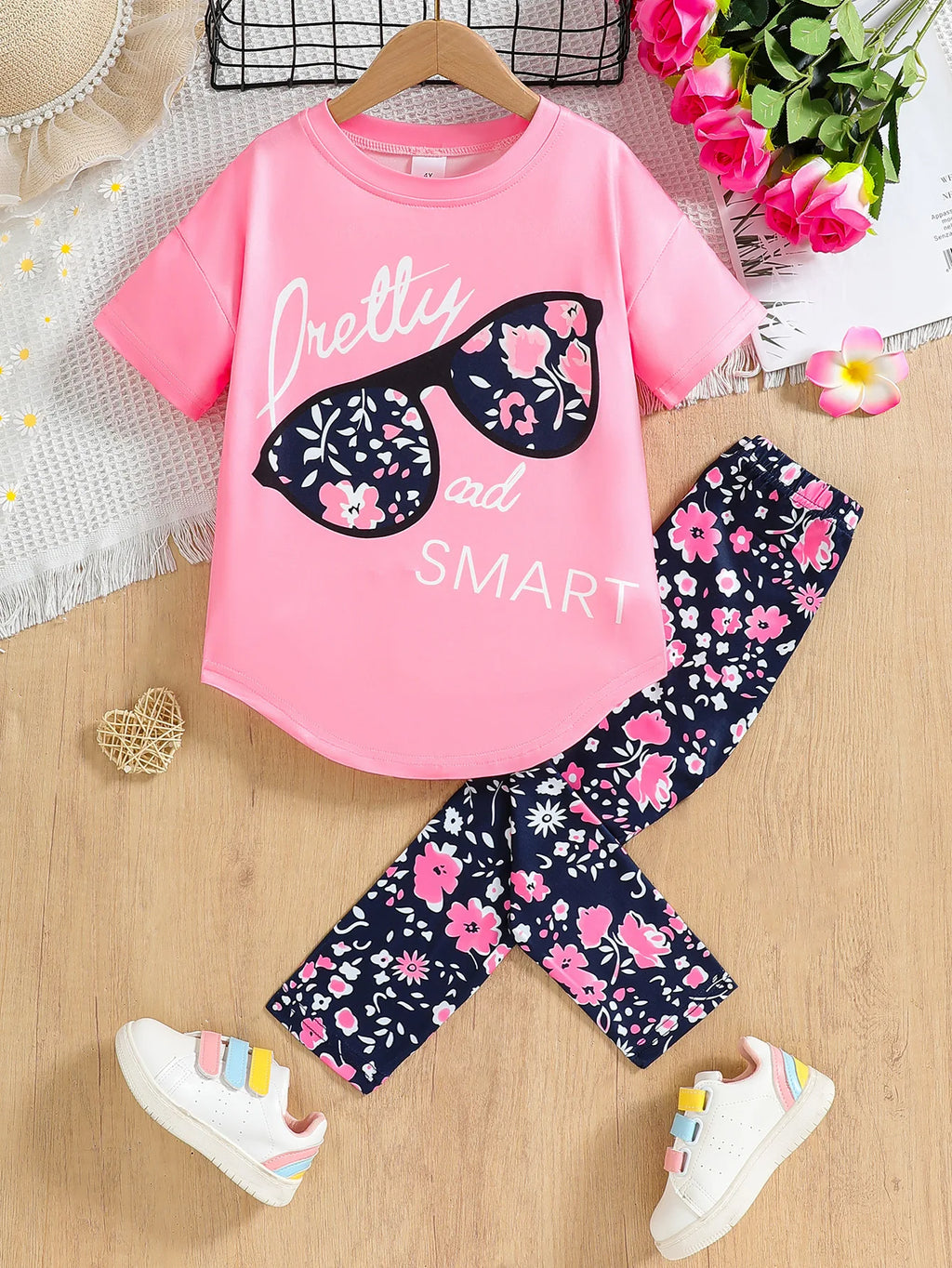 Girls 2pc Clothing Set Cotton Short Sleeve Top & Pants, 4-7yrs