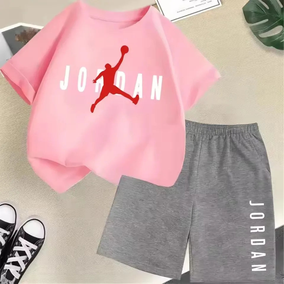 Children's 2Pc Fashion Summer Short Sleeve Set, Slam Dunk Master Pattern Print