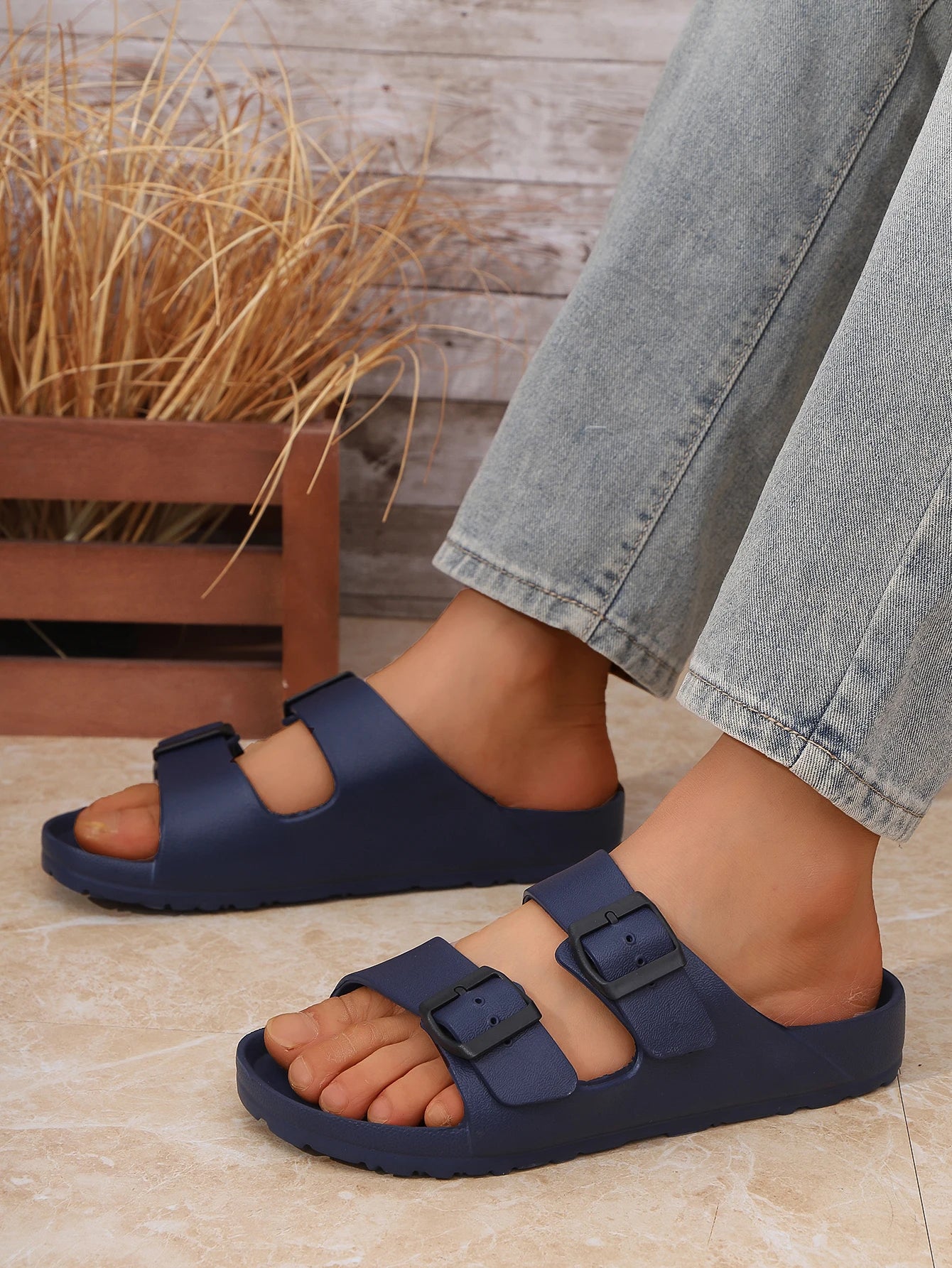 Men's Teen Mules New Summer Retro Casual Slip-On Slippers Molded Double-Strap Half-Slip Flat Slippers with Adjustable Buckle