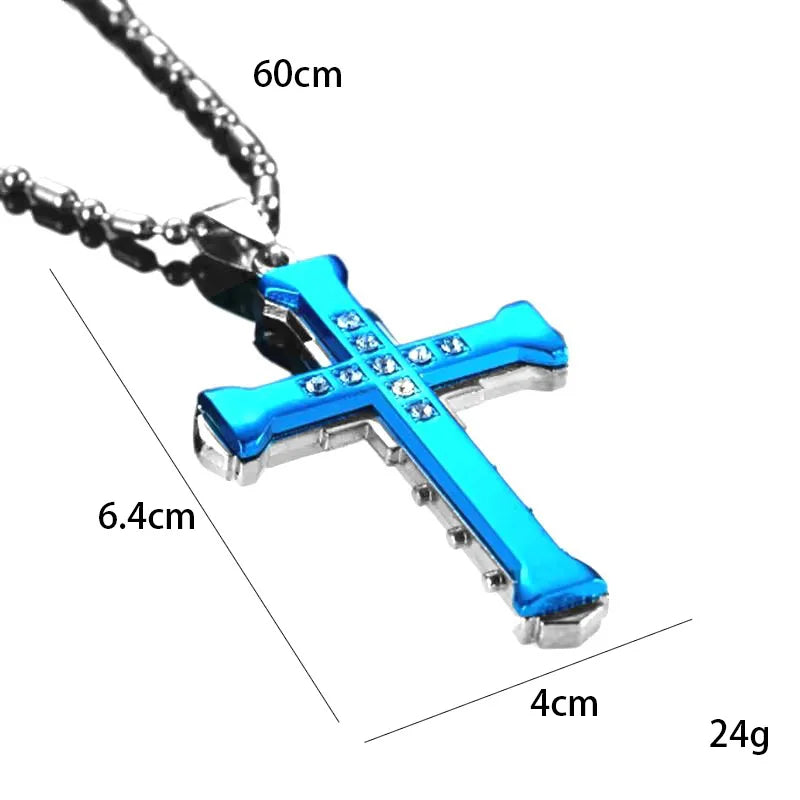 2025 Ins New Cross Pendant Necklace, Zircon Black Gold Color Stainless Steel Chain
