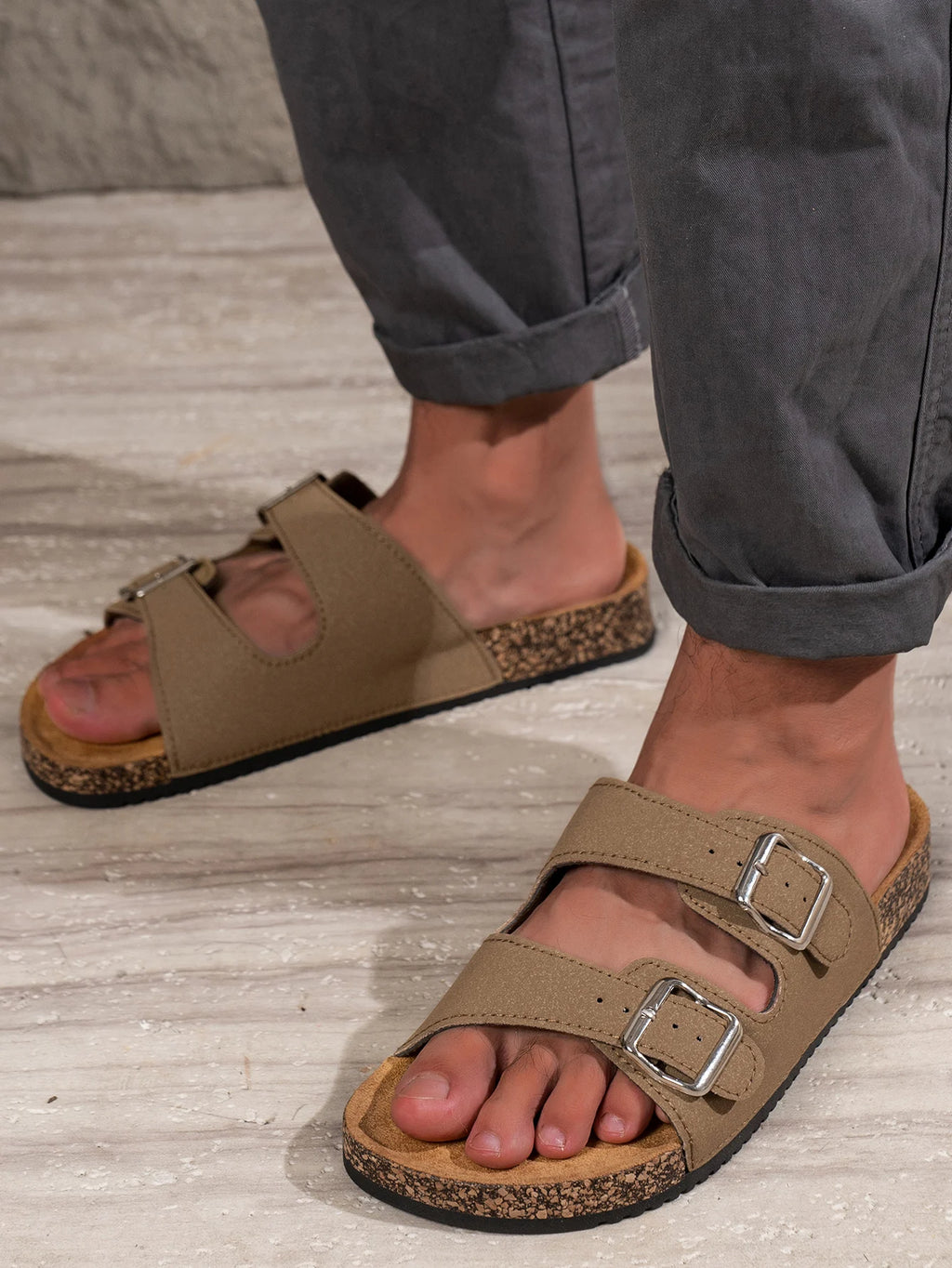 Men's Teen Mules New Spring and Summer Retro Casual Slip-On Shoes Upper Double Strap with Adjustable Buckle