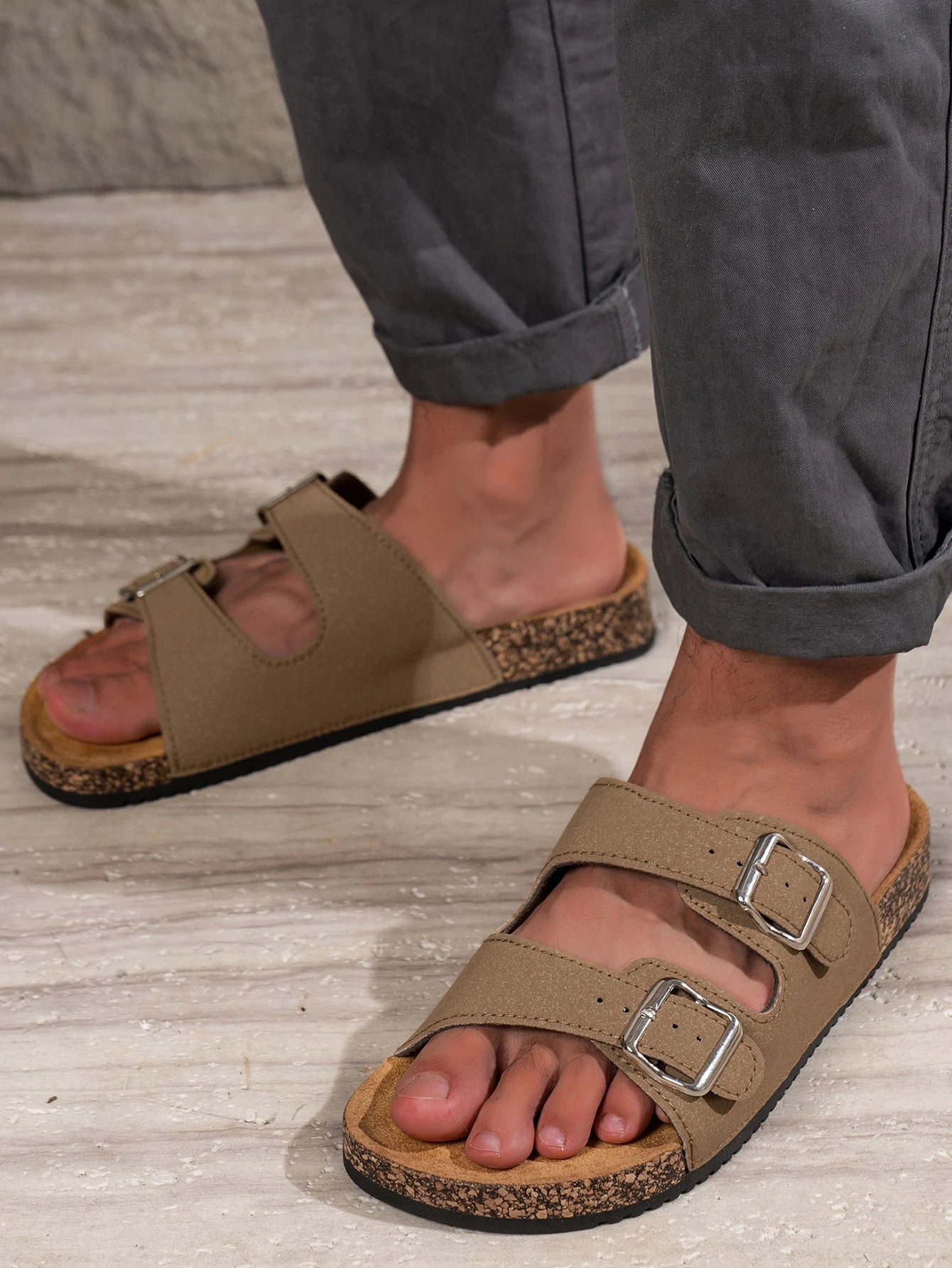 Men's Teen Mules New Spring and Summer Retro Casual Slip-On Shoes Upper Double Strap with Adjustable Buckle