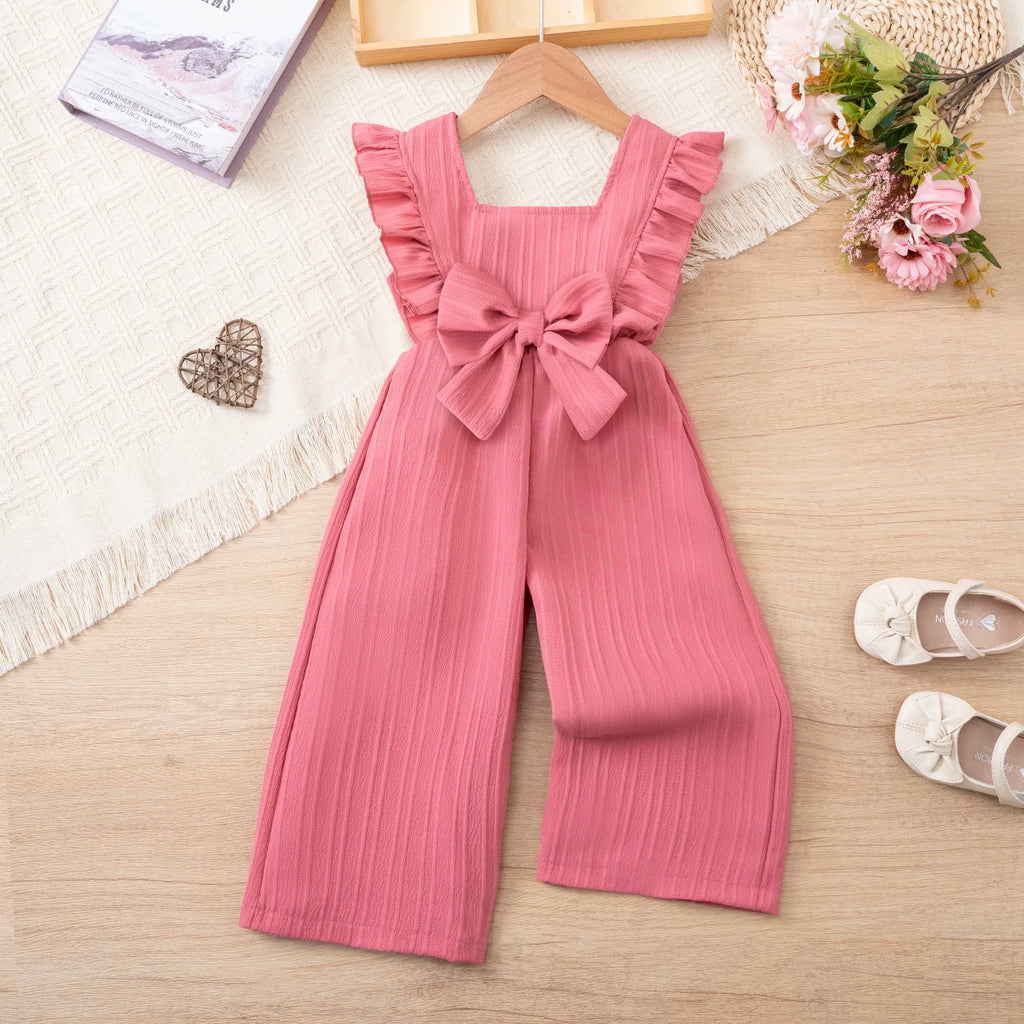 Summer Pure-Color Versatile Jumpsuit, Ruffle Bowknot Princess Style for Little Girls