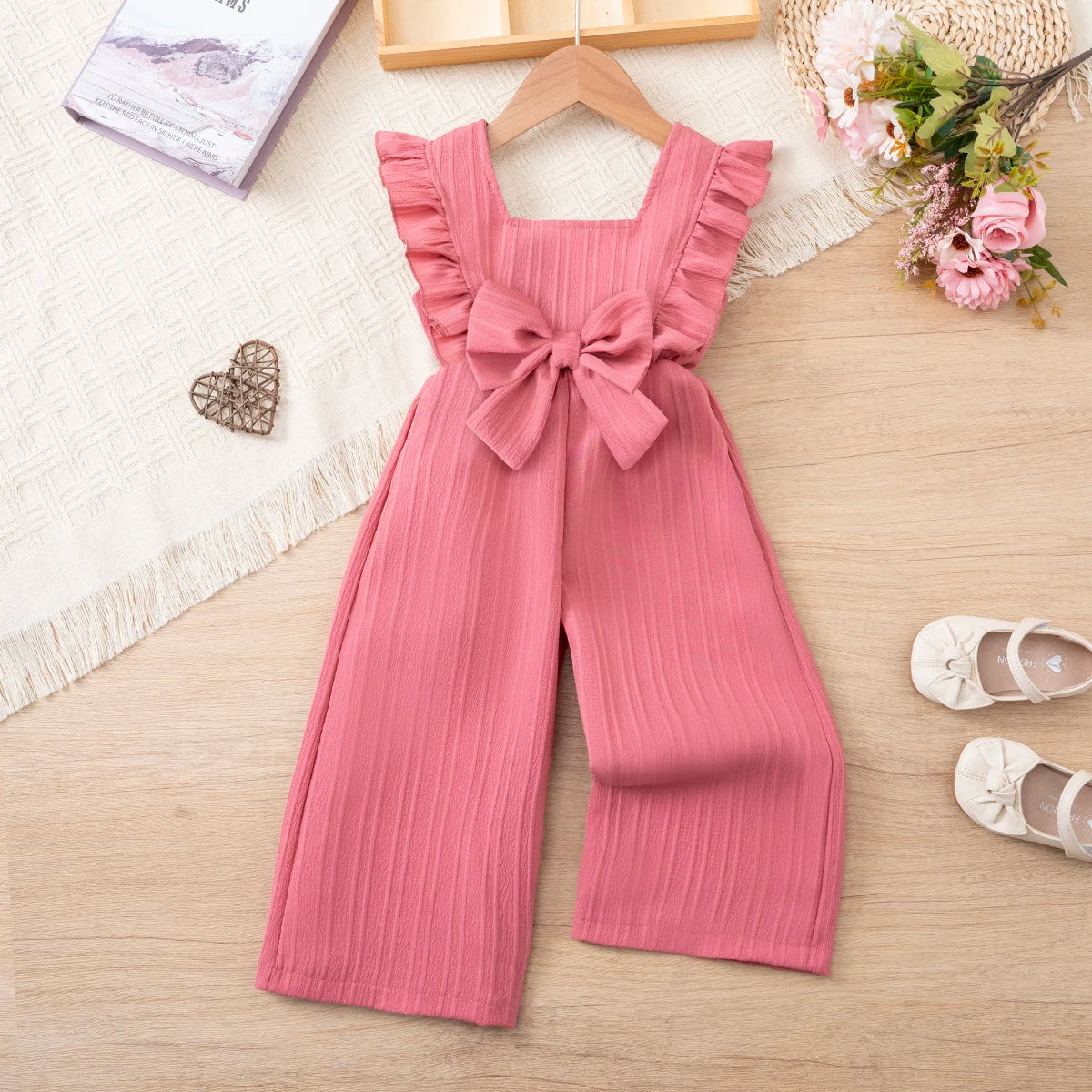 Summer Pure-Color Versatile Jumpsuit, Ruffle Bowknot Princess Style for Little Girls