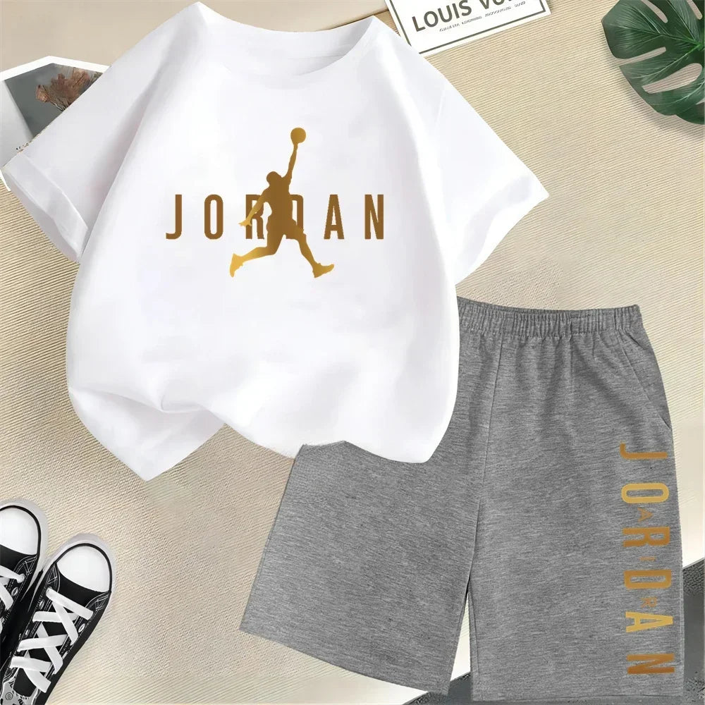 Children's 2Pc Fashion Summer Short Sleeve Set, Slam Dunk Master Pattern Print