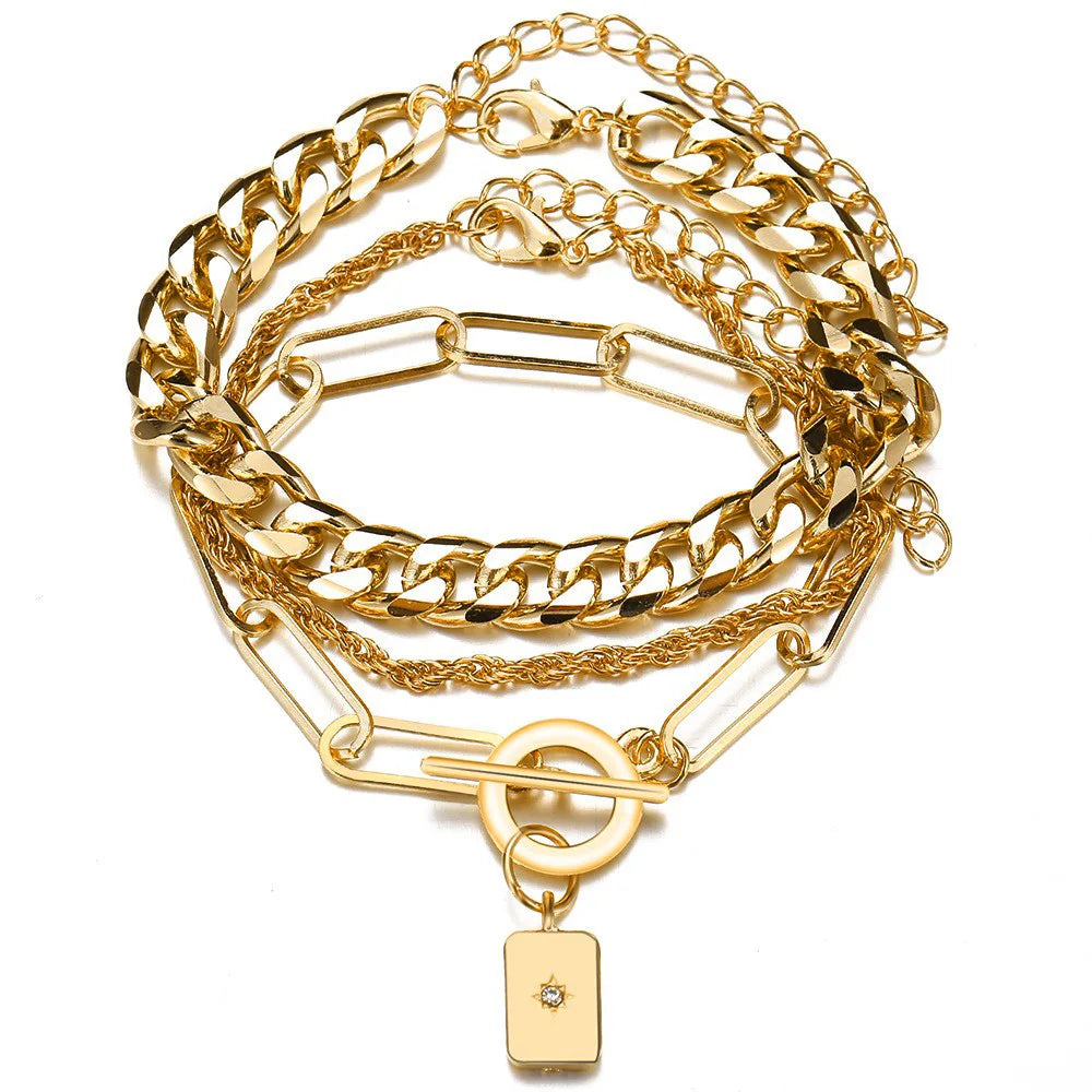 Bohemian Chain Bracelet Set, Gold Color, Thick Link Chain, Open Bangle Fashion Jewelry