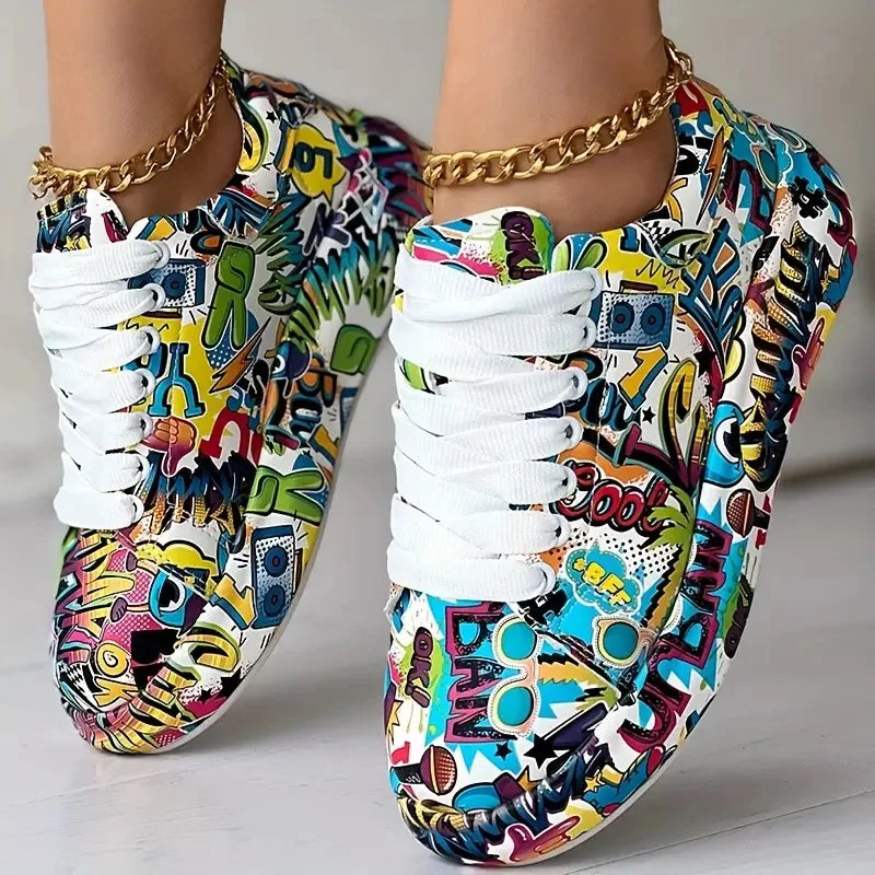 Women Sneakers Thick-Soled Hand-painted Graffiti Shoe