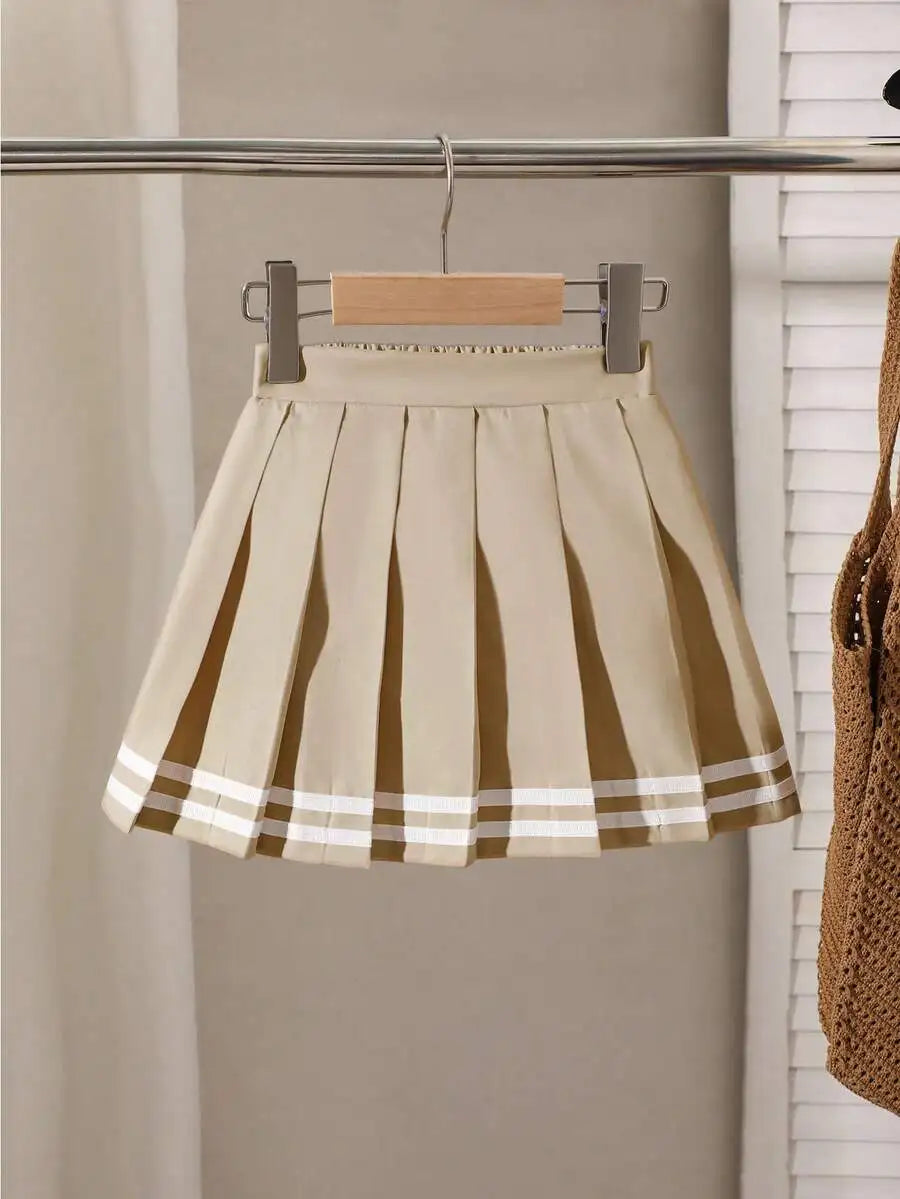 Navy Blue Pleated Skirt for Girls with White Stripe Trim and Elastic Waist