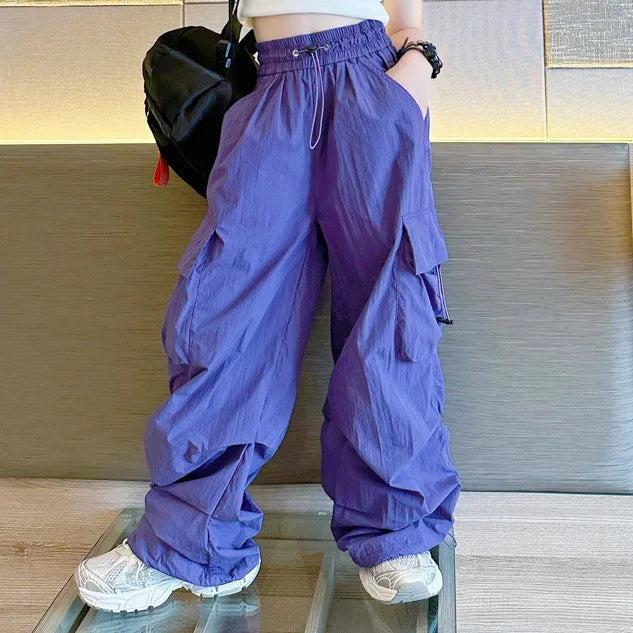 New Summer Streetwear Cargo Pants for Teenage Girls, Baggy Wide Leg