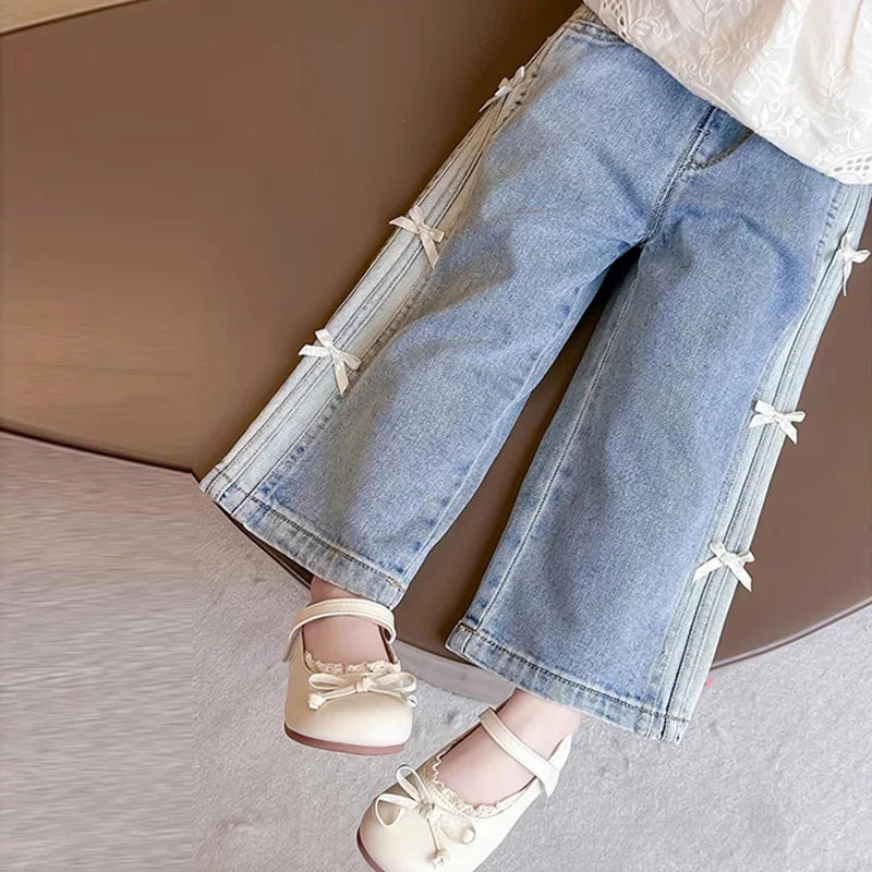 Girls New 2025 Bow Jeans, Wide-Leg, Loose long Pants