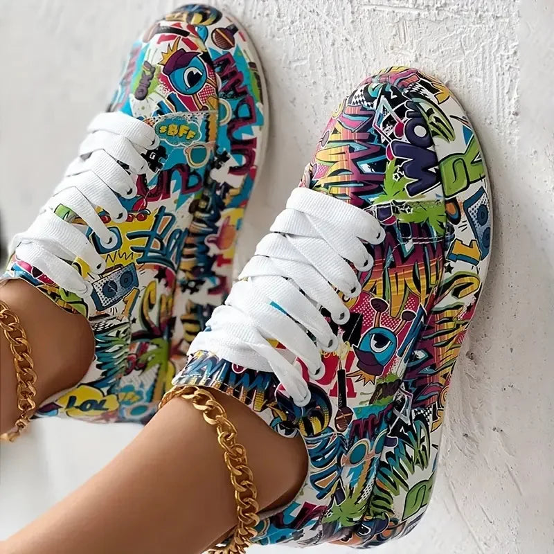 Women Sneakers Thick-Soled Hand-painted Graffiti Shoe