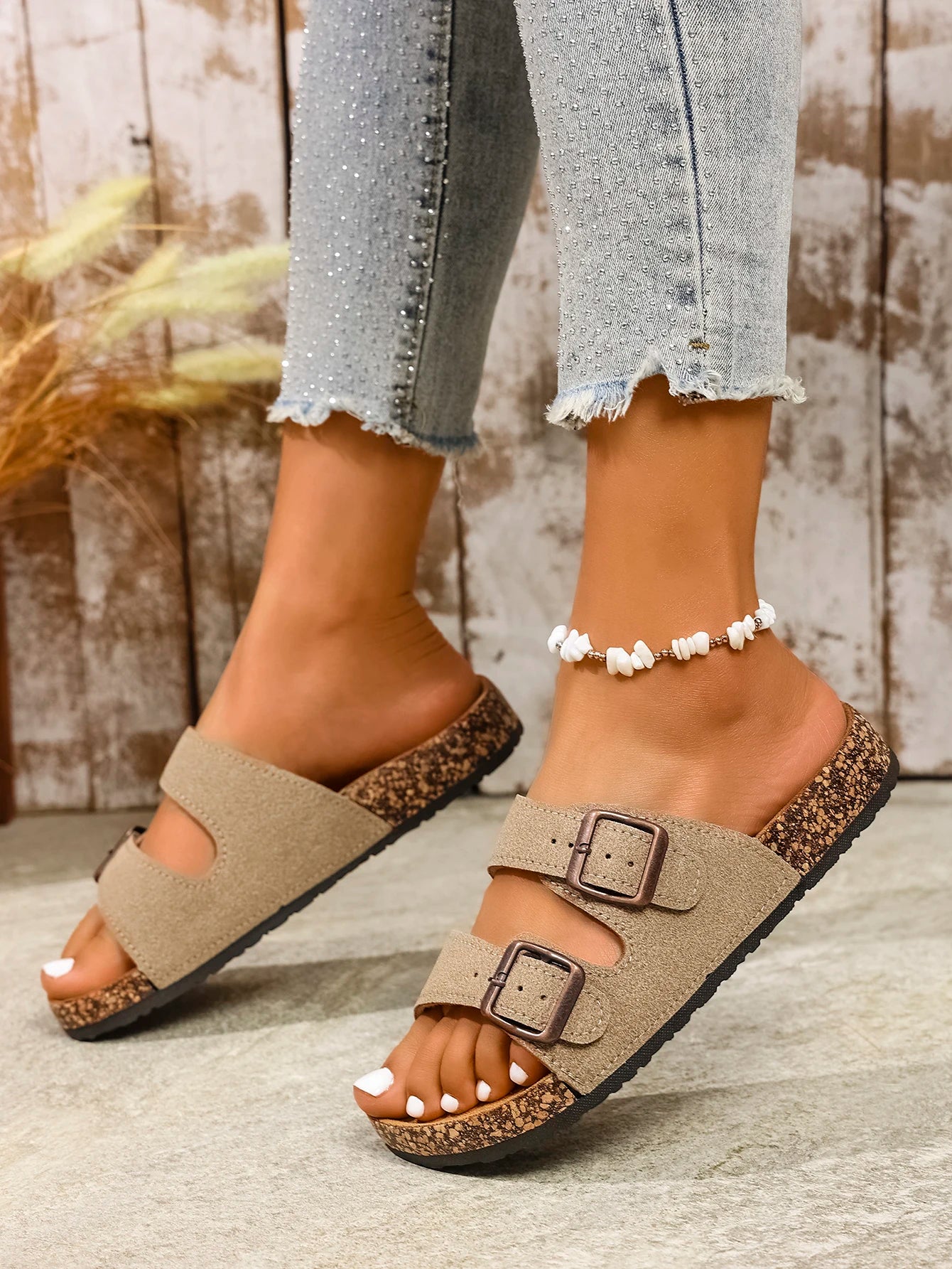 Women's Teen Mules Vintage Casual Slip-On Shoes Pu Upper Double Strap with Adjustable Buckle