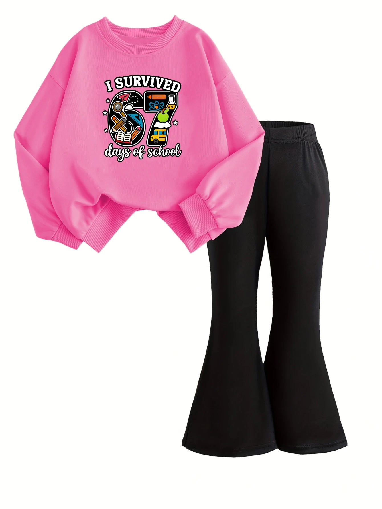 2PCS Girls Long Sleeved Sweatshirt Bell Bottom Pants Set, Great Anytime Wear