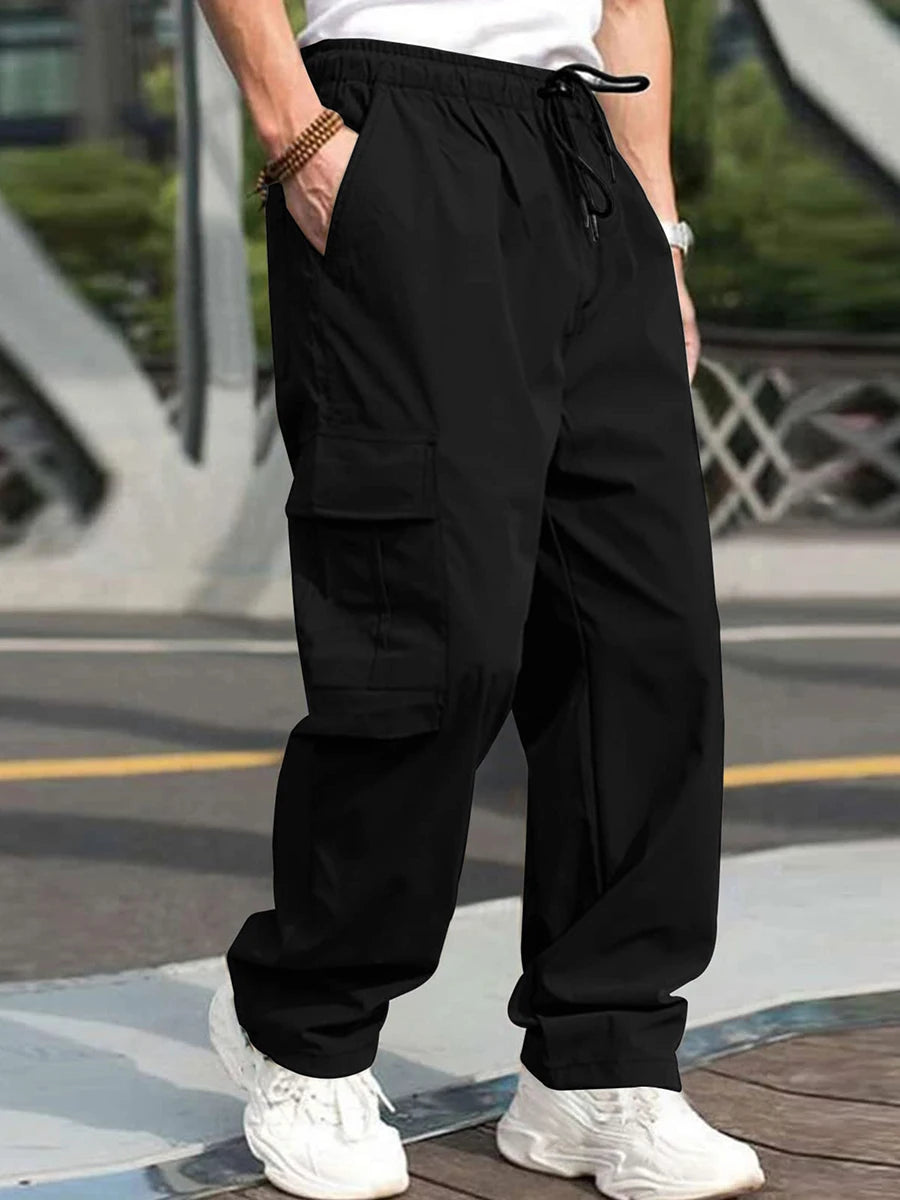 Men s Loose Cargo Long Pants Solid Color Drawstring Waist Straight Leg with Pockets