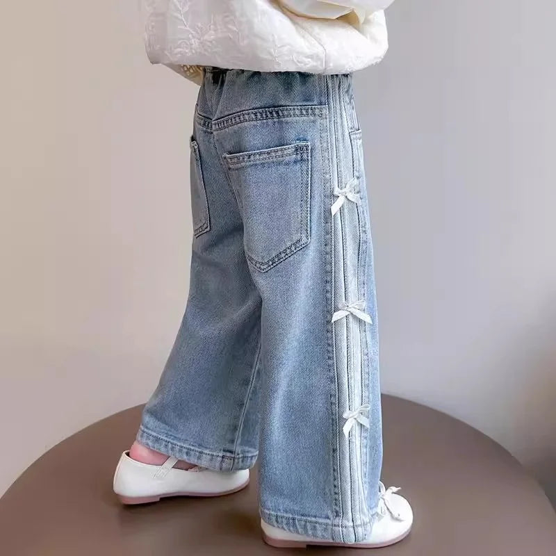 Girls New 2025 Bow Jeans, Wide-Leg, Loose long Pants
