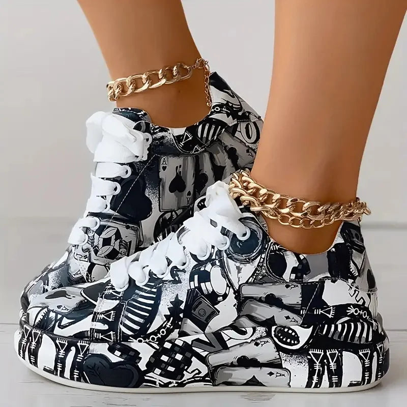 Women Sneakers Thick-Soled Hand-painted Graffiti Shoe