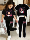 Girls' Two-Piece Set with Bow Print Pants and Printed Top, Suitable for 4-12 Yr