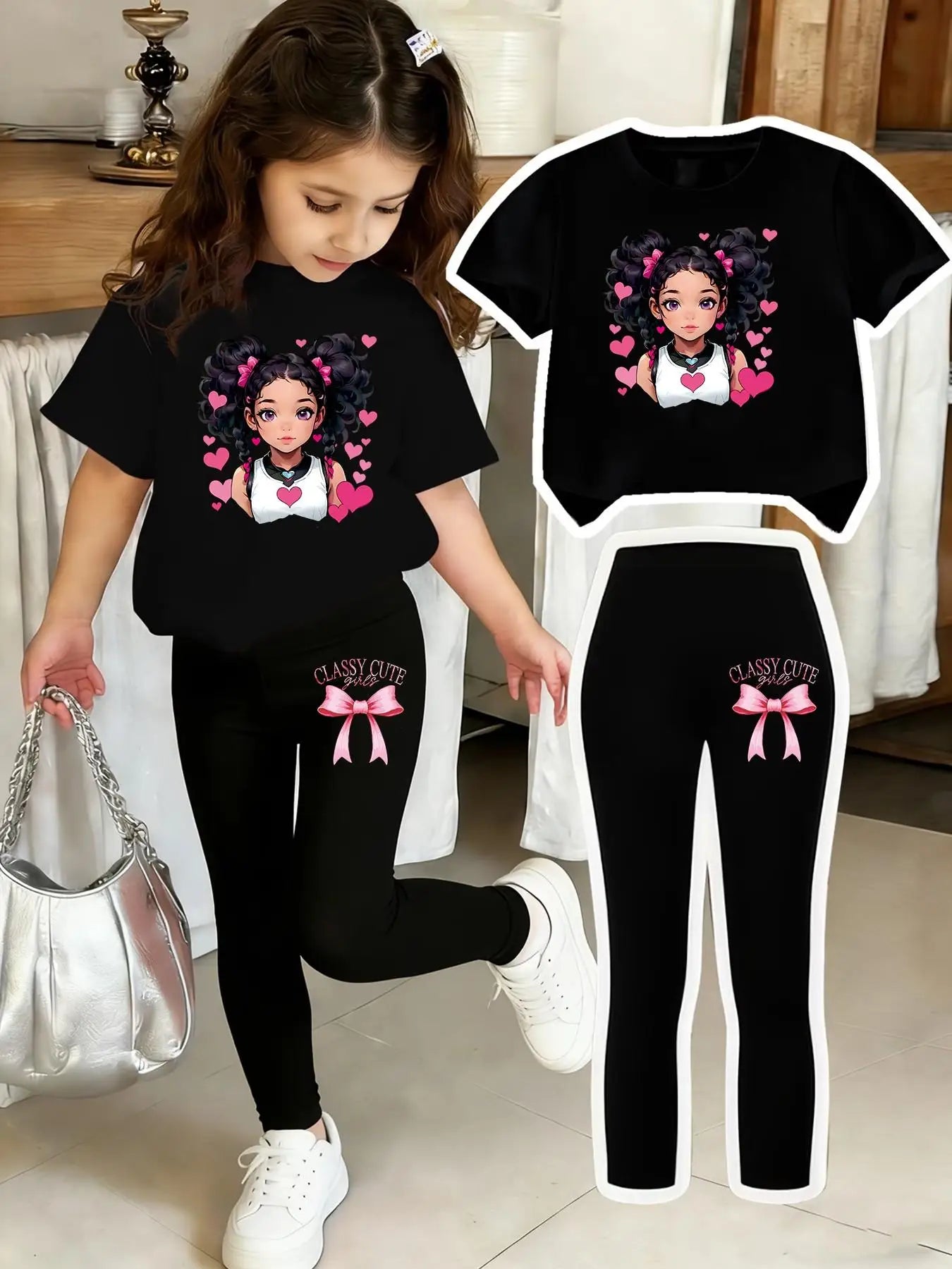 Girls' Two-Piece Set with Bow Print Pants and Printed Top, Suitable for 4-12 Yr
