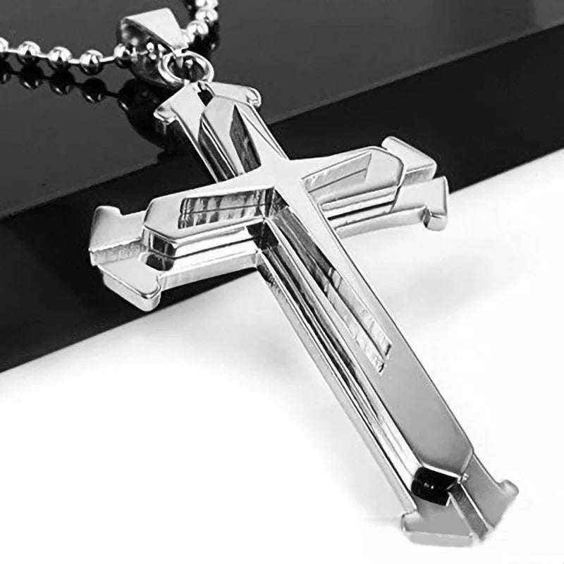 2025 Ins New Cross Pendant Necklace, Zircon Black Gold Color Stainless Steel Chain