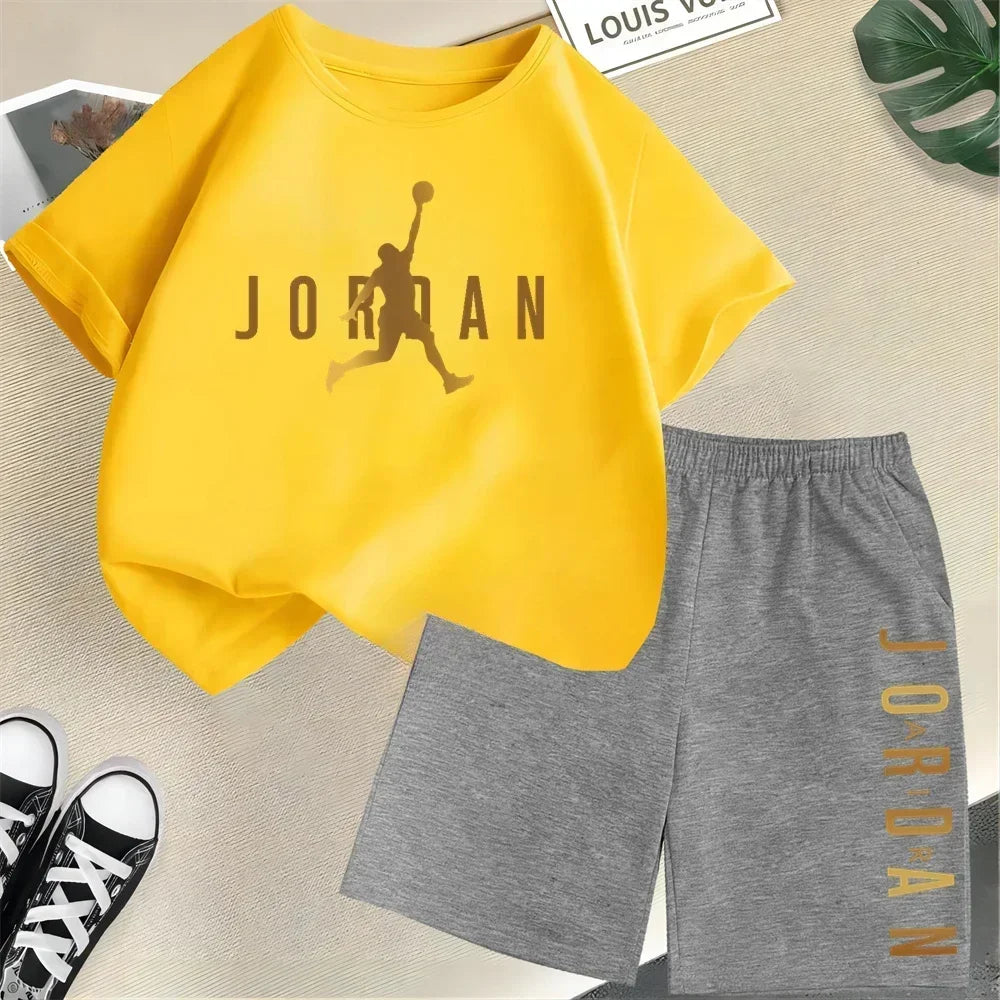Children's 2Pc Fashion Summer Short Sleeve Set, Slam Dunk Master Pattern Print